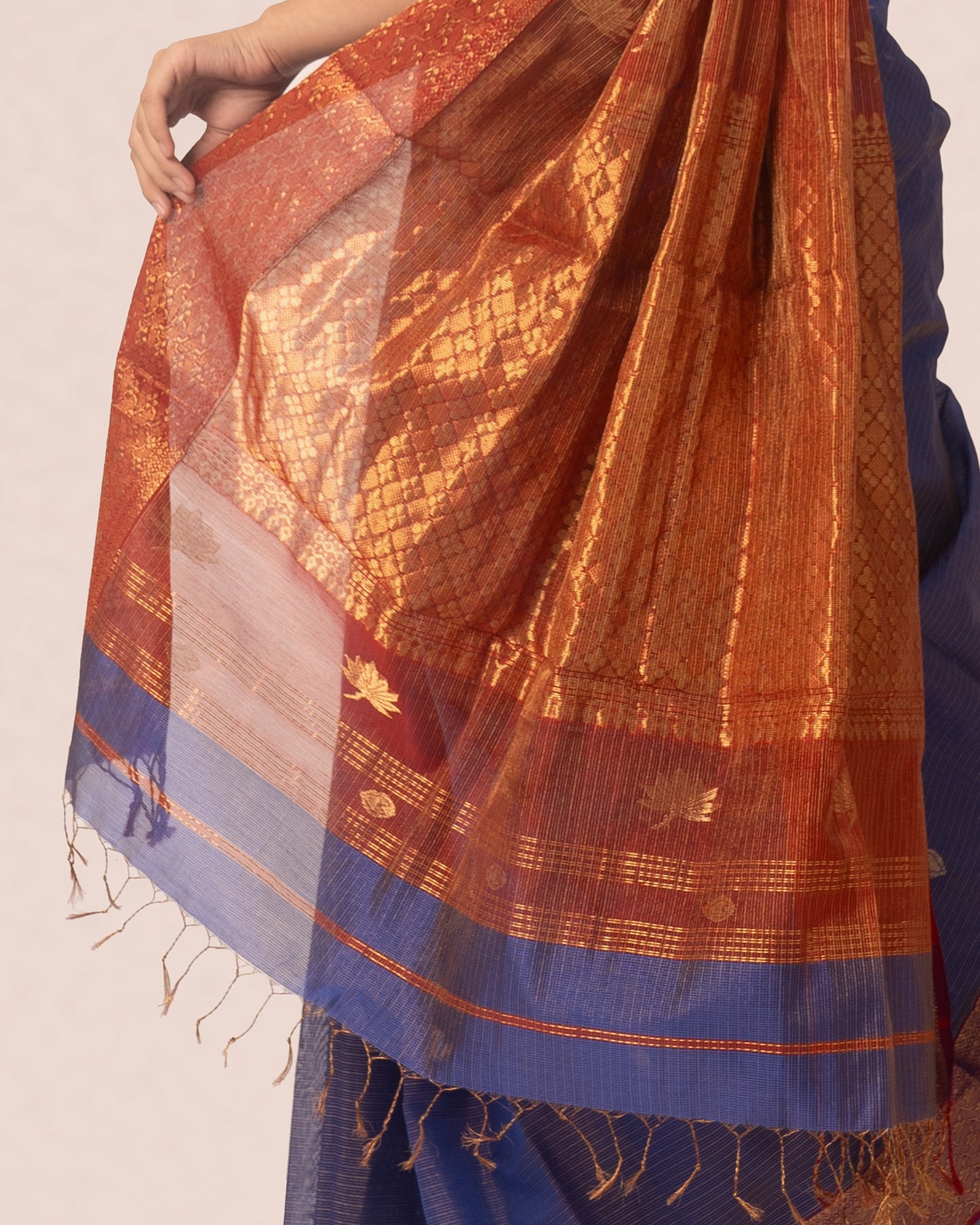 Dual Tone Chambray Blue Gold Tissue Silk Maheshwari Saree with Red and Gold Border