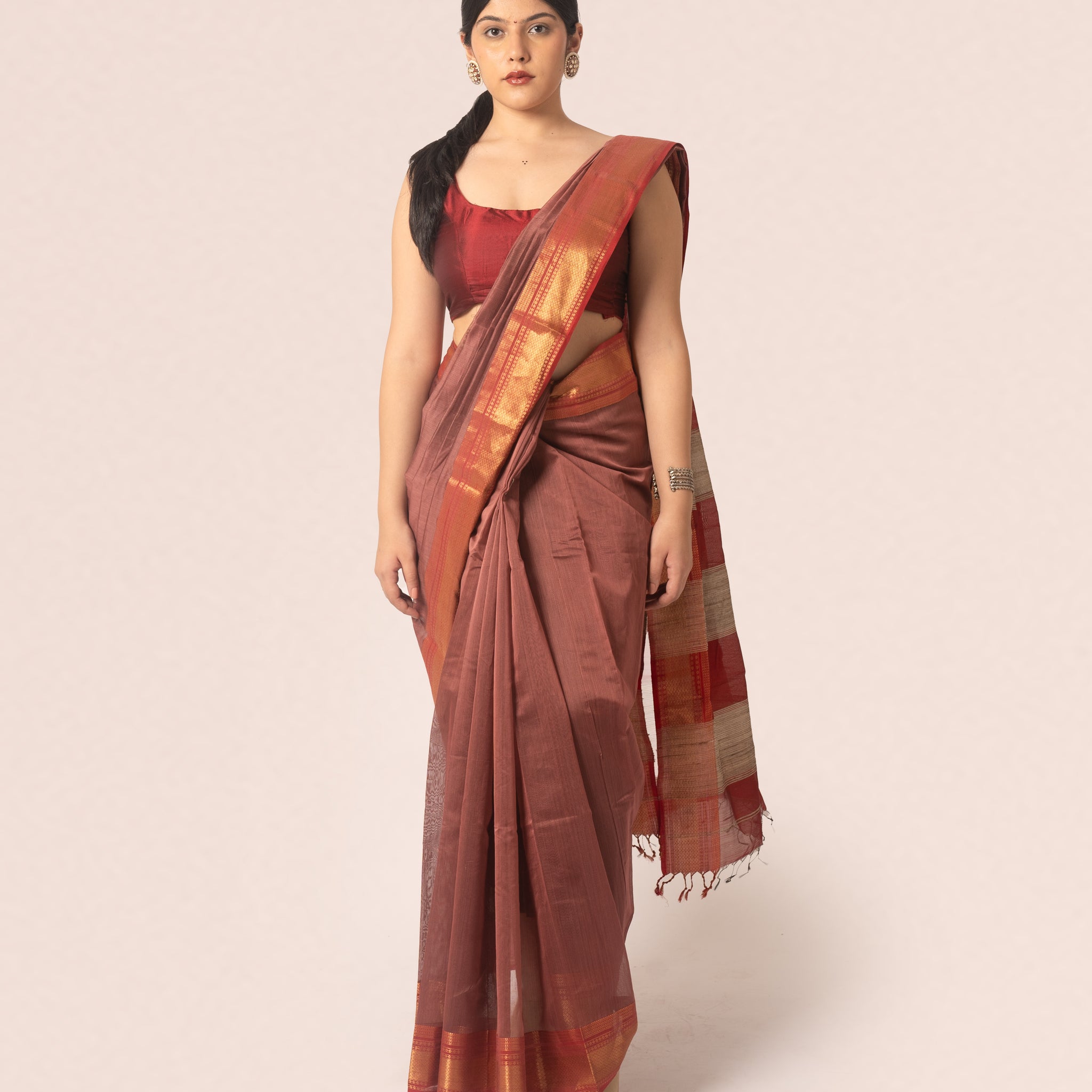 Rust Red Pure Silk Cotton Maheshwari Saree with Striped Palla and Red and Gold Border