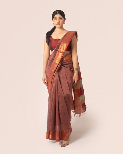 Rust Red Pure Silk Cotton Maheshwari Saree with Striped Palla and Red and Gold Border