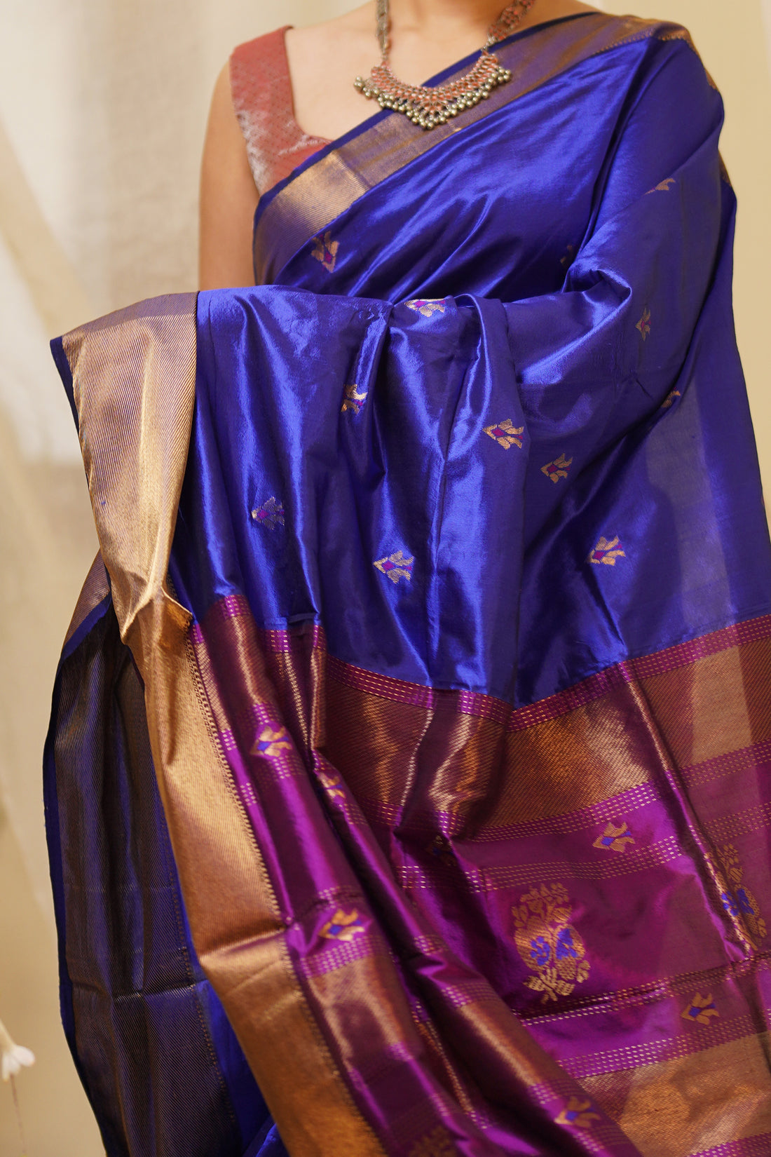 Royal Blue Pure Silk Maheshwari Saree with Wine Booti Palla and Gold Border