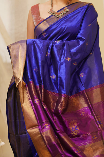 Royal Blue Pure Silk Maheshwari Saree with Wine Booti Palla and Gold Border