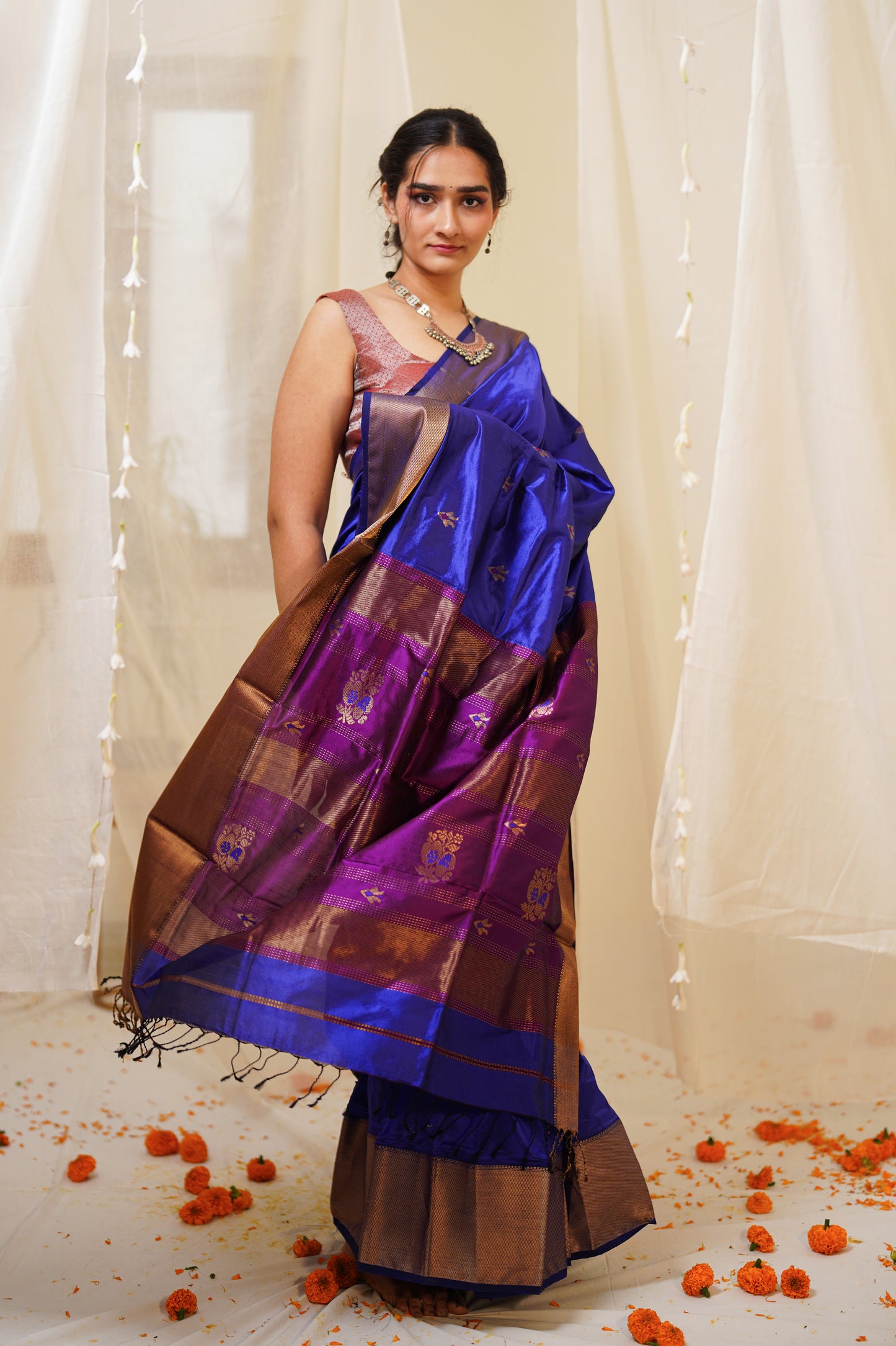 Royal Blue Pure Silk Maheshwari Saree with Wine Booti Palla and Gold Border