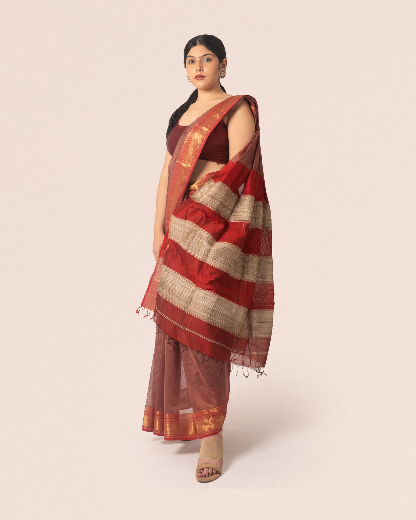 Rust Red Pure Silk Cotton Maheshwari Saree with Striped Palla and Red and Gold Border