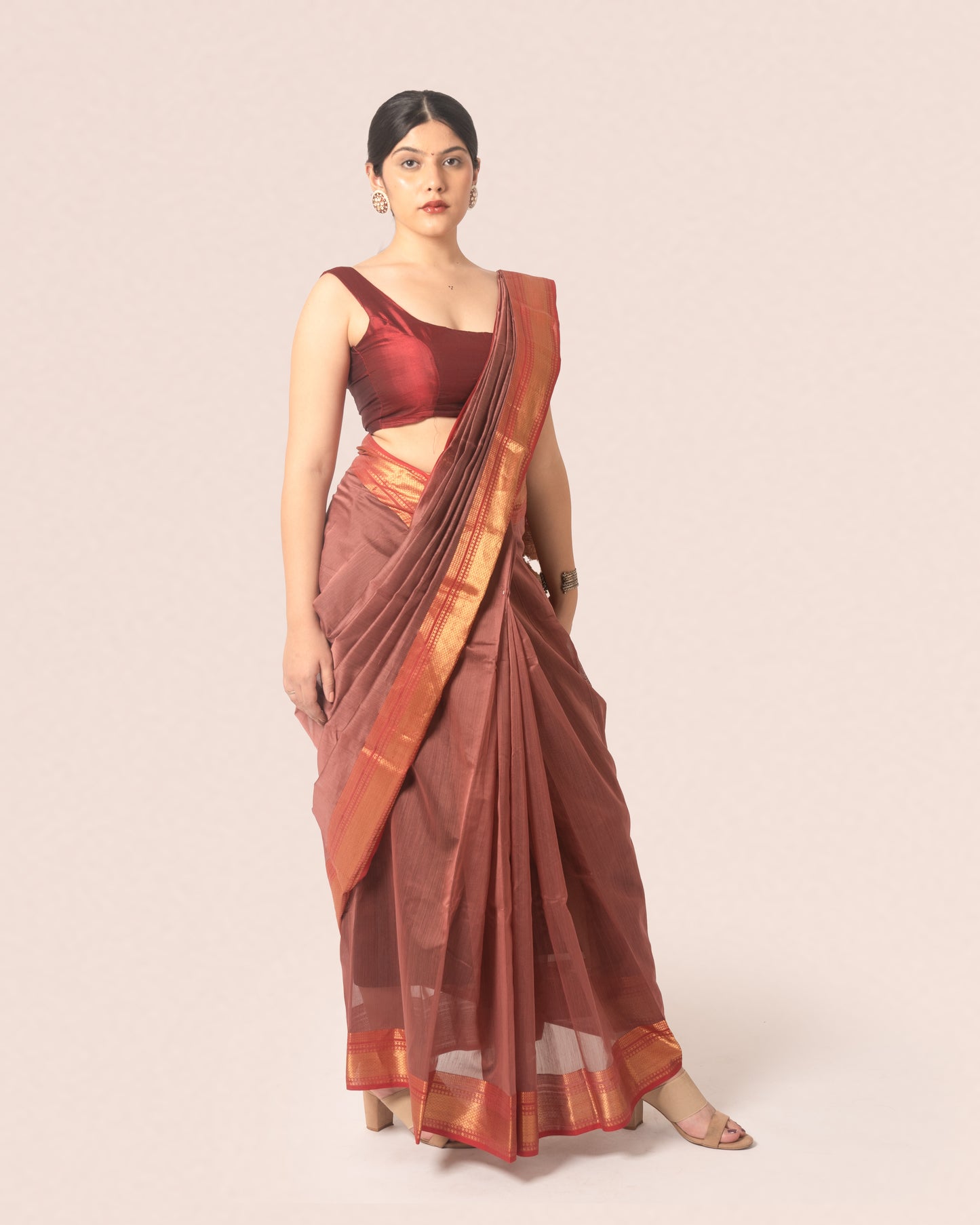 Rust Red Pure Silk Cotton Maheshwari Saree with Striped Palla and Red and Gold Border