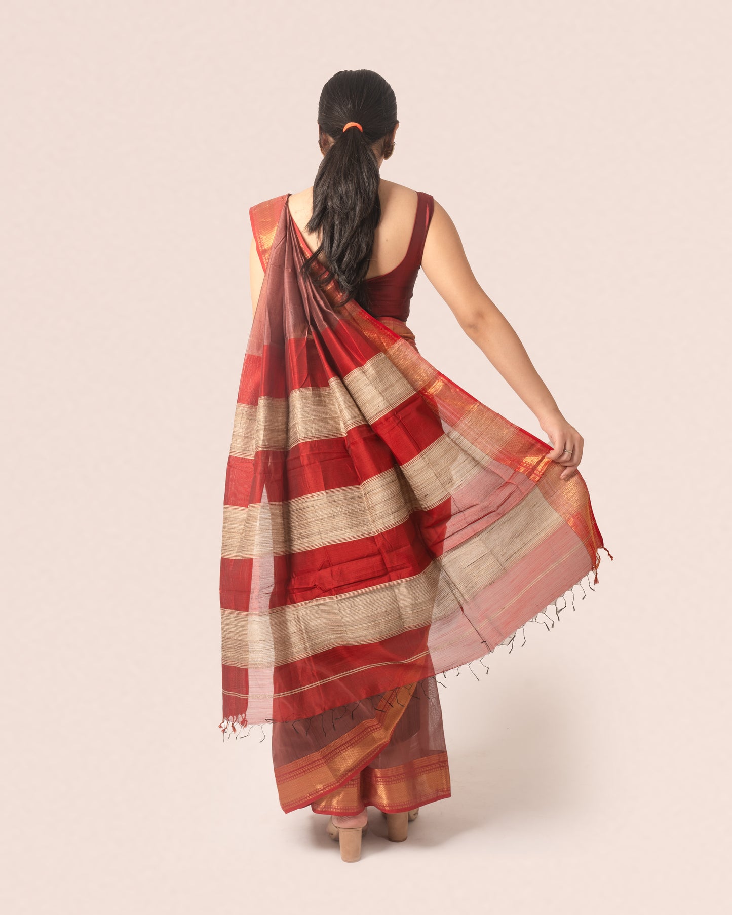 Rust Red Pure Silk Cotton Maheshwari Saree with Striped Palla and Red and Gold Border