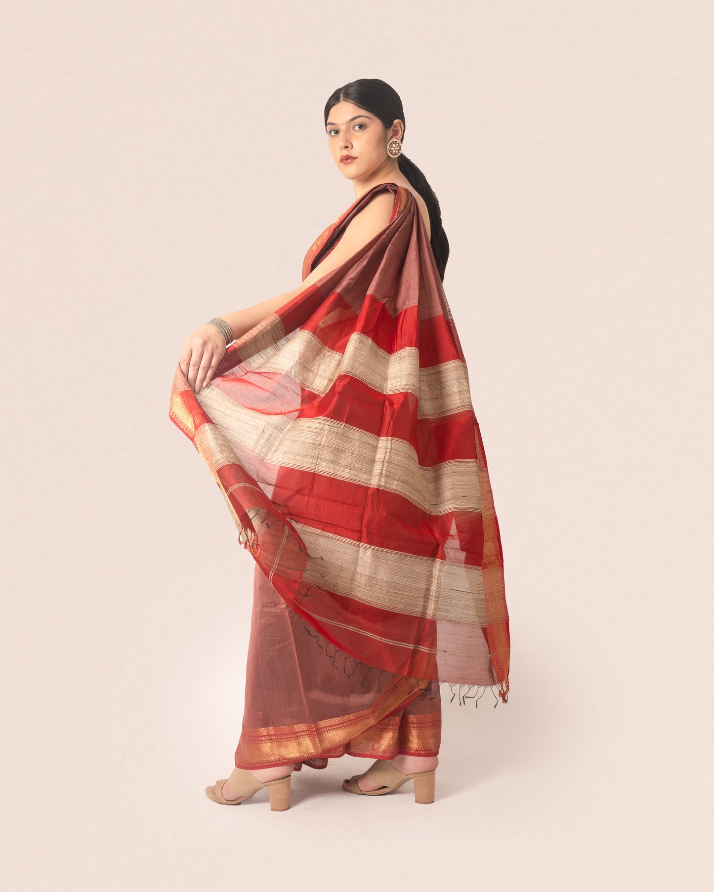 Rust Red Pure Silk Cotton Maheshwari Saree with Striped Palla and Red and Gold Border