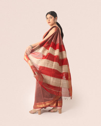 Rust Red Pure Silk Cotton Maheshwari Saree with Striped Palla and Red and Gold Border