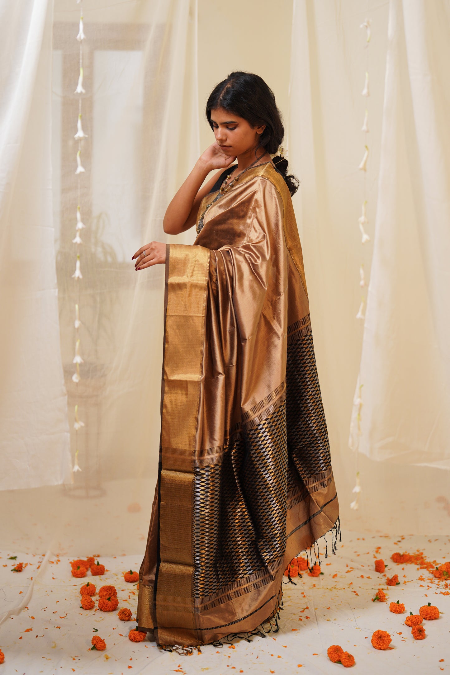 Gold Pure Silk Maheshwari Saree with Multicolour Jalla Pallu