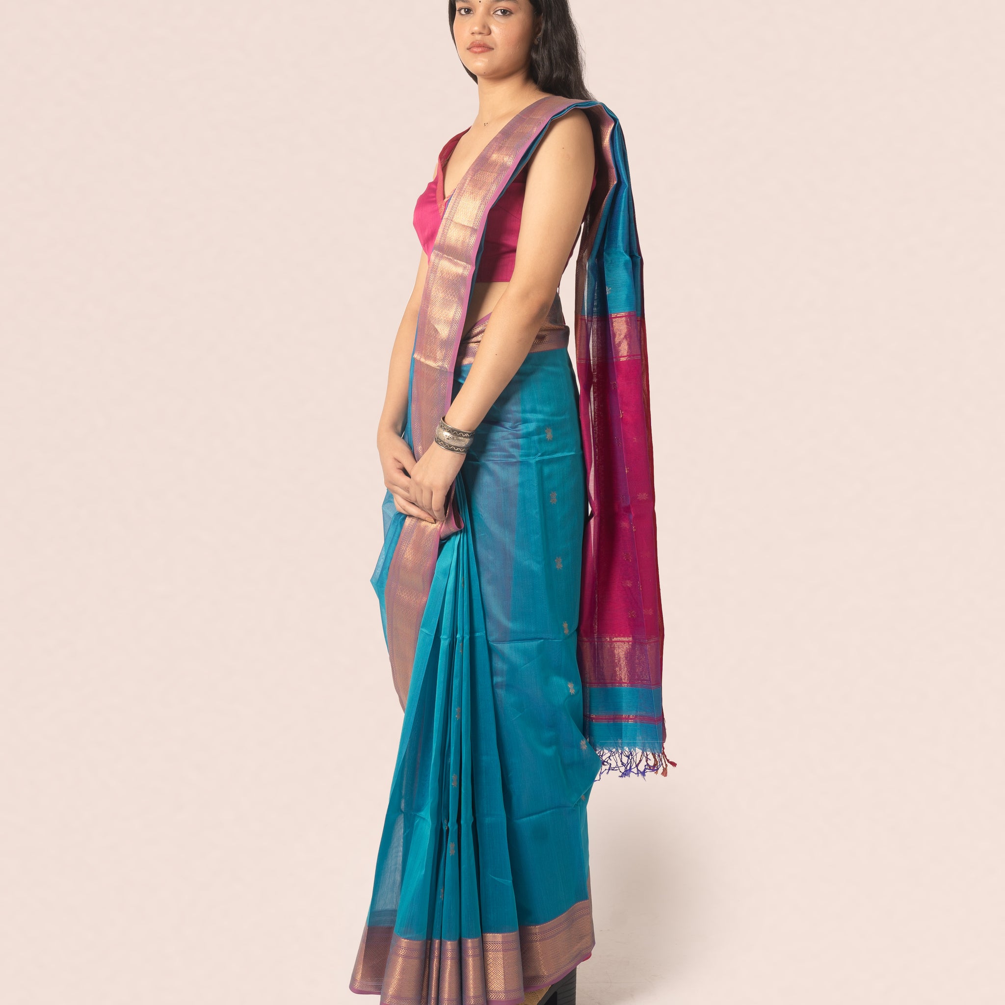 Teal Blue Pure Silk Cotton Maheshwari Booti Saree With Multicolour Palla