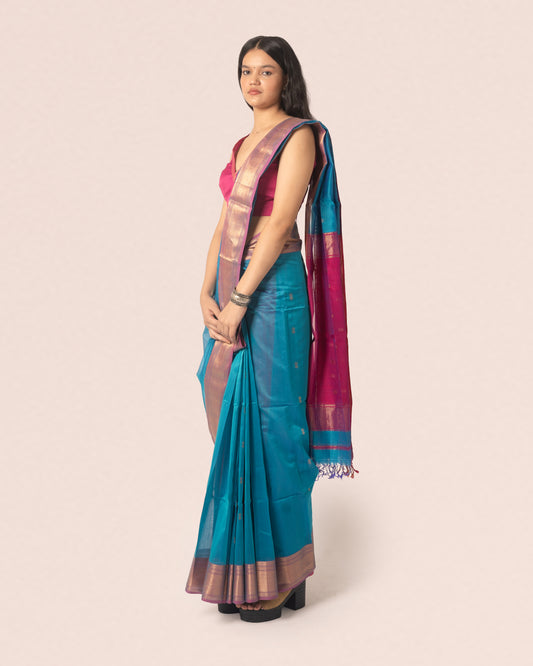 Teal Blue Pure Silk Cotton Maheshwari Booti Saree With Multicolour Palla