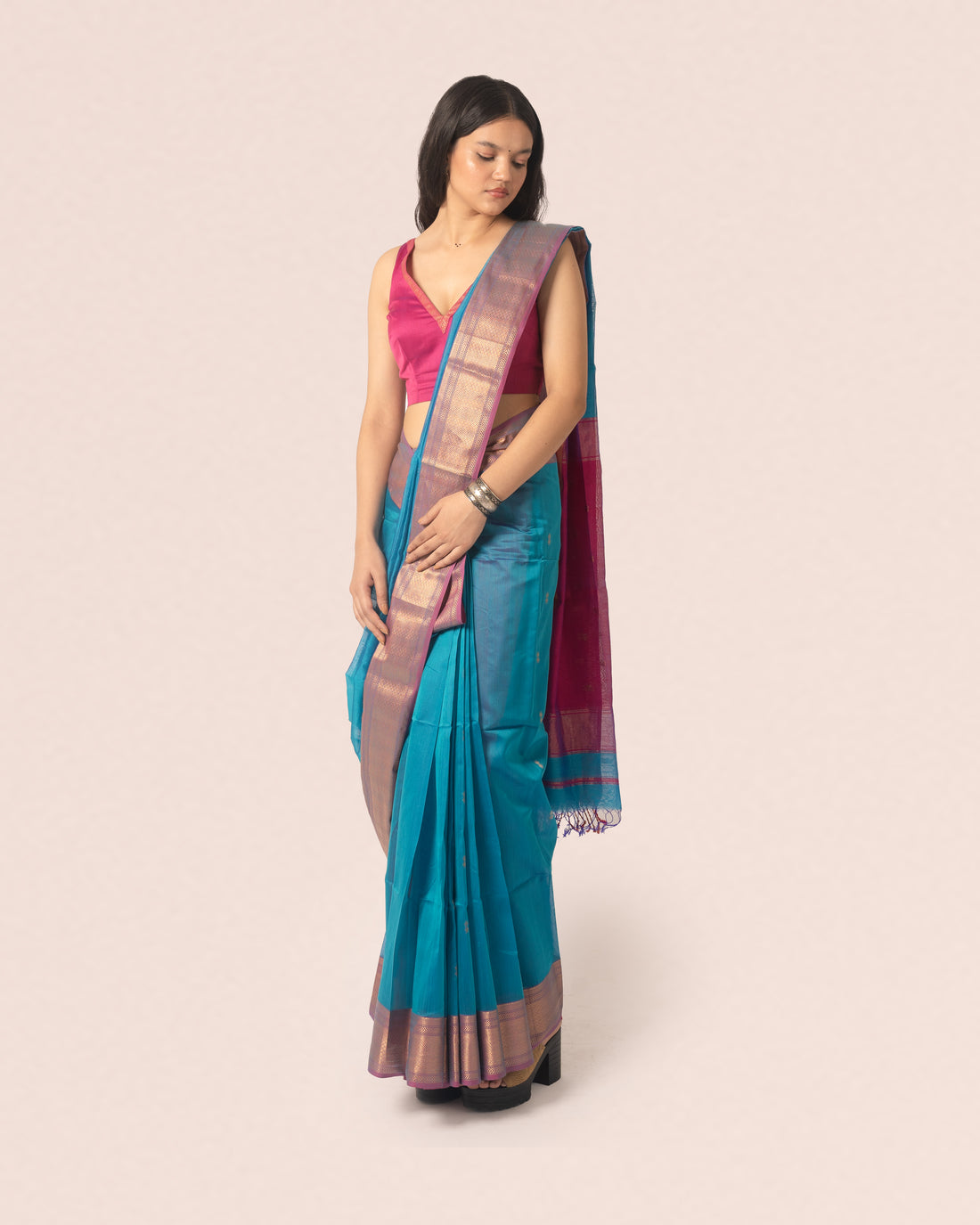 Teal Blue Pure Silk Cotton Maheshwari Booti Saree With Multicolour Palla