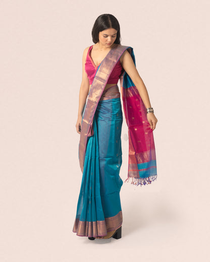 Teal Blue Pure Silk Cotton Maheshwari Booti Saree With Multicolour Palla