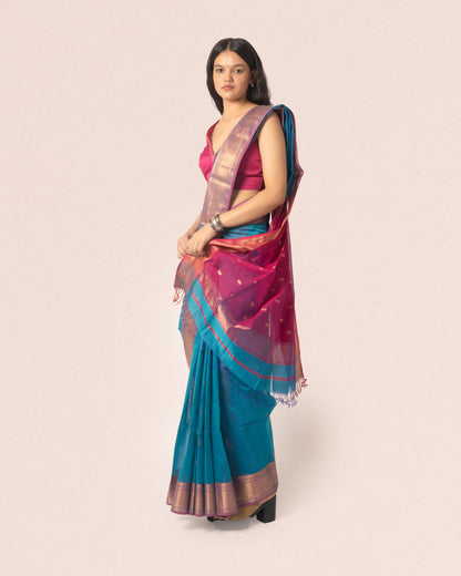 Teal Blue Pure Silk Cotton Maheshwari Booti Saree With Multicolour Palla