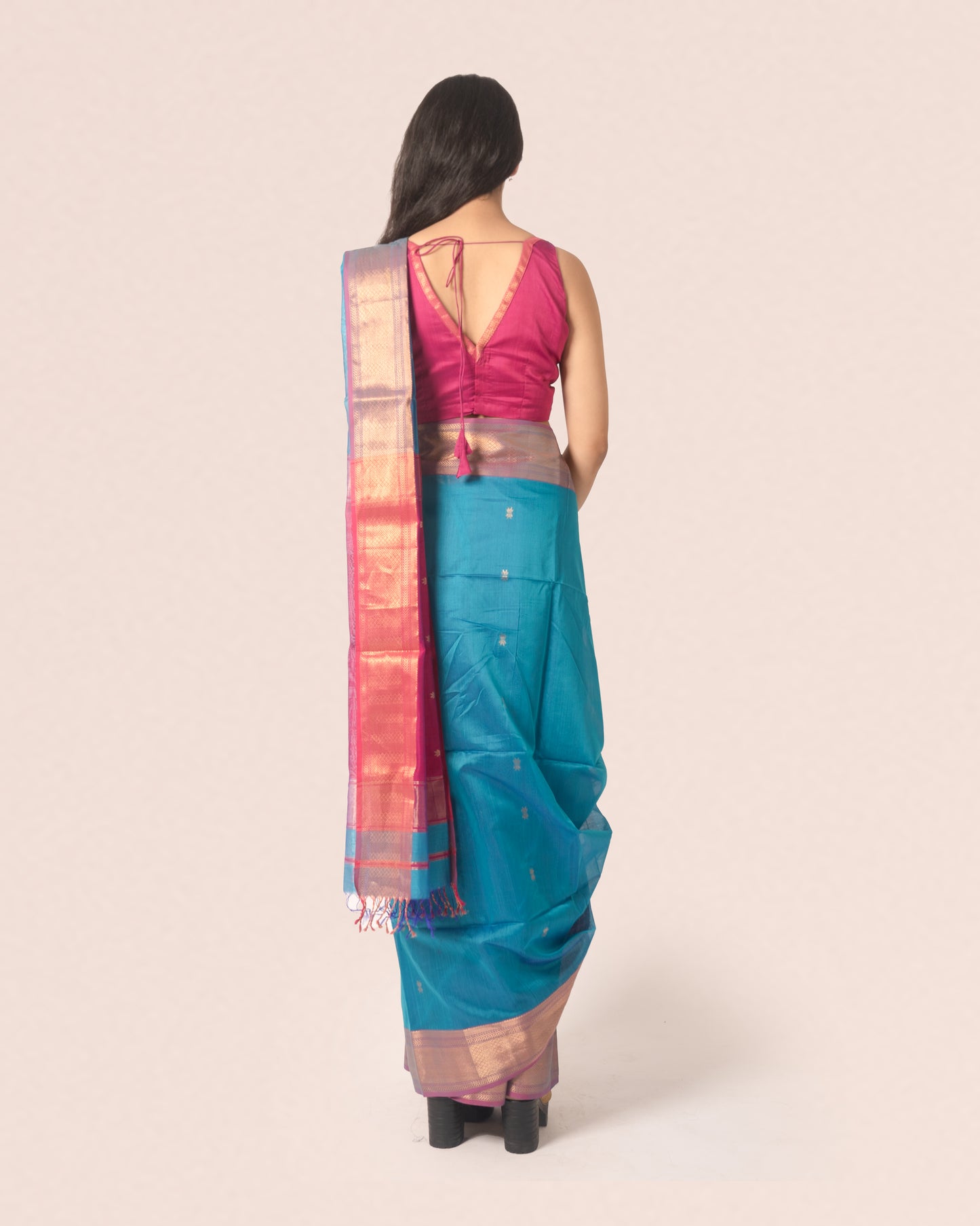 Teal Blue Pure Silk Cotton Maheshwari Booti Saree With Multicolour Palla