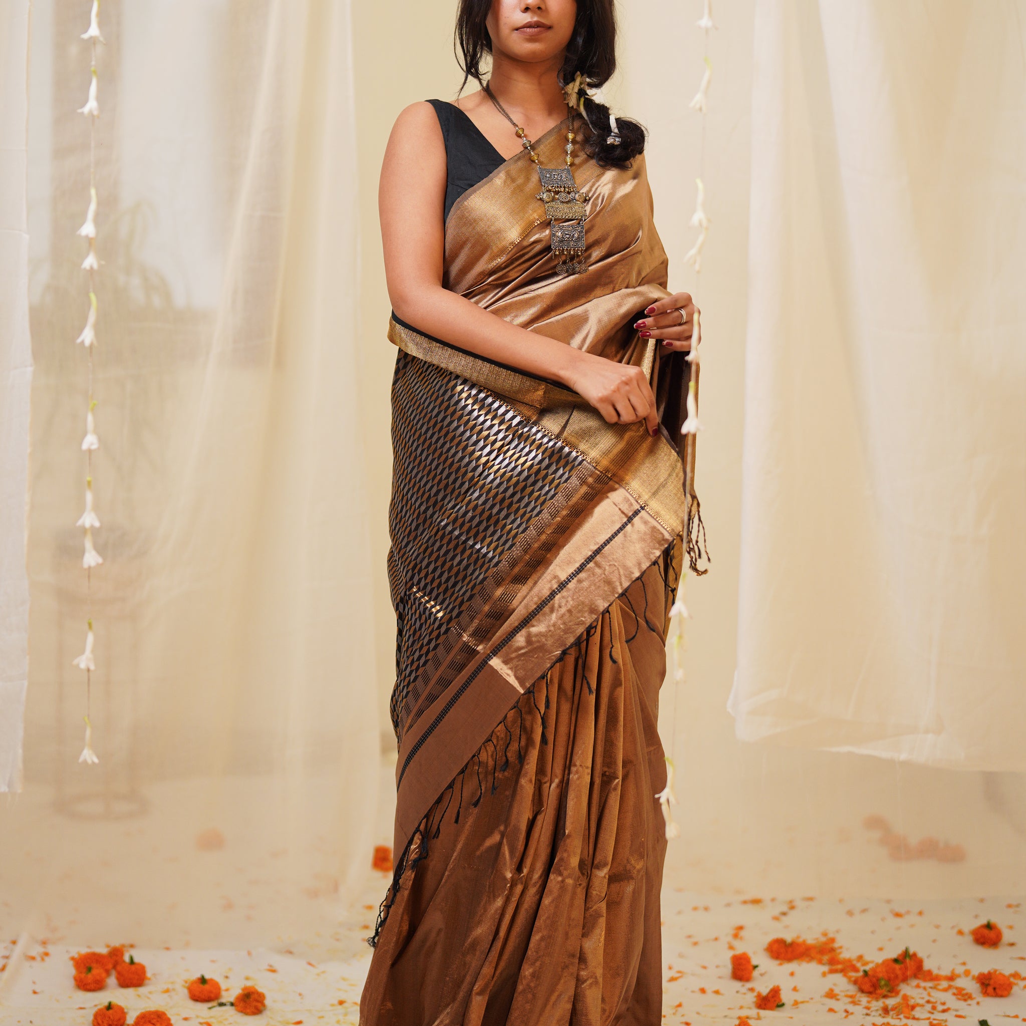 Gold Pure Silk Maheshwari Saree with Multicolour Jalla Pallu