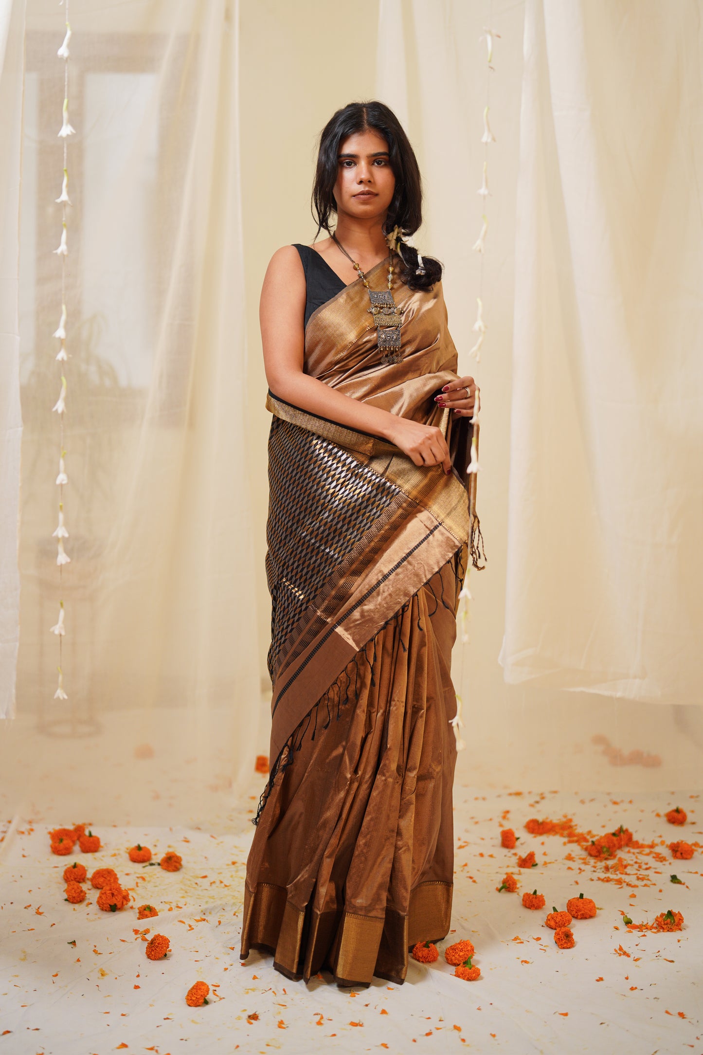 Gold Pure Silk Maheshwari Saree with Multicolour Jalla Pallu