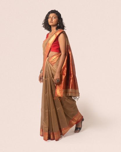 Beige Maheshwari Handwoven Silk & Cotton Saree