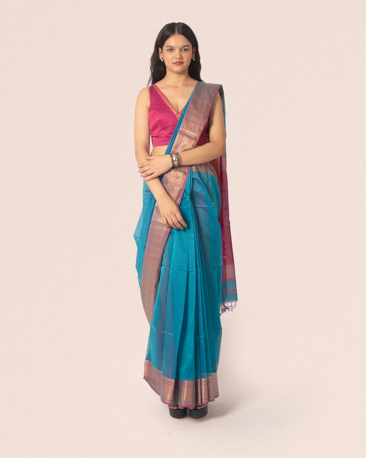 Teal Blue Pure Silk Cotton Maheshwari Booti Saree With Multicolour Palla