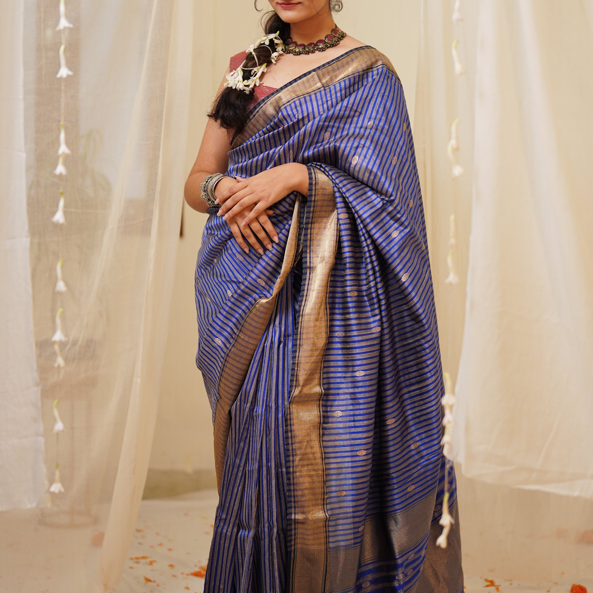 Striped Royal Blue and Gold Pure Silk Maheshwari Saree with Gold Border