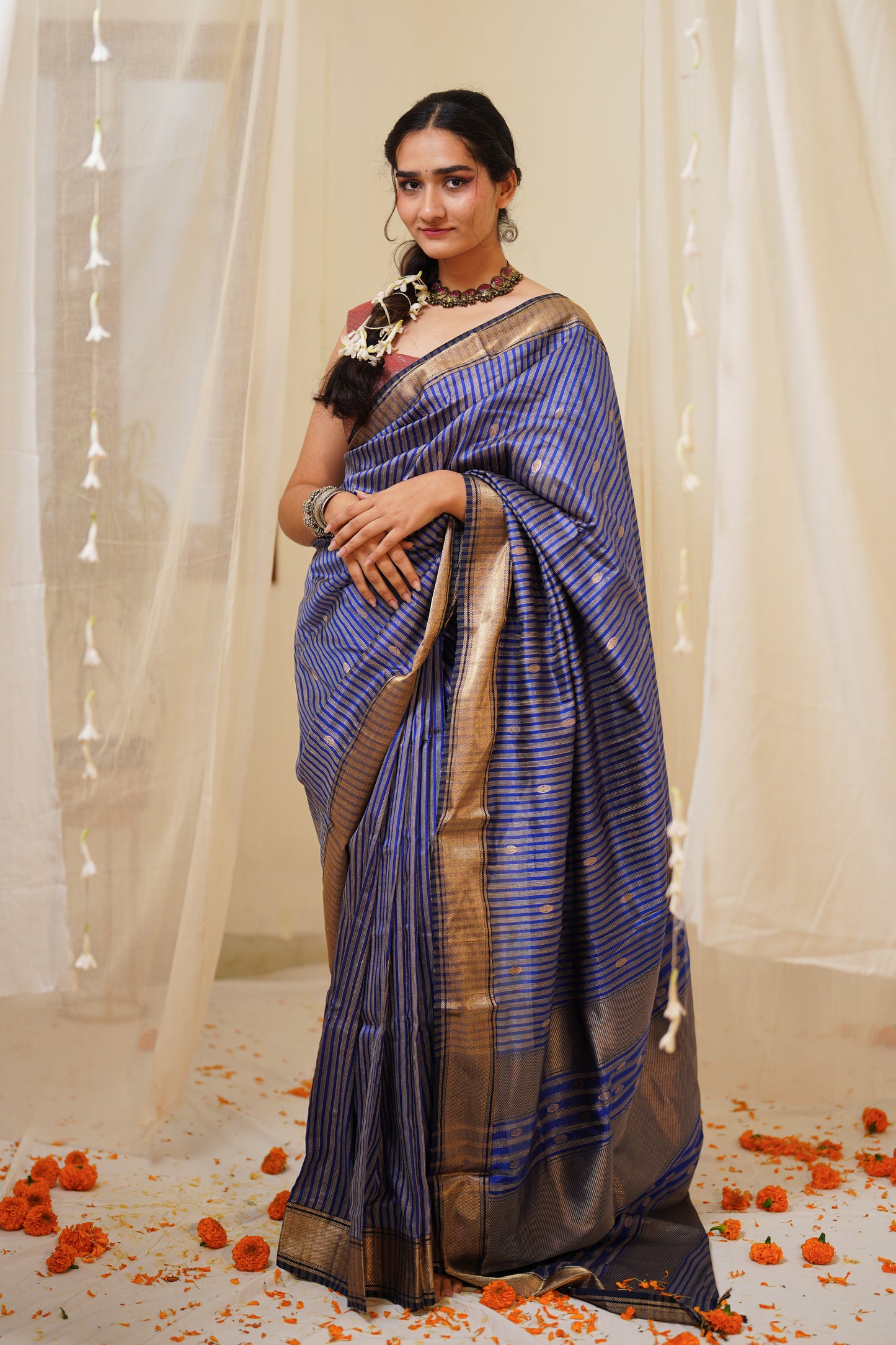 Striped Royal Blue and Gold Pure Silk Maheshwari Saree with Gold Border