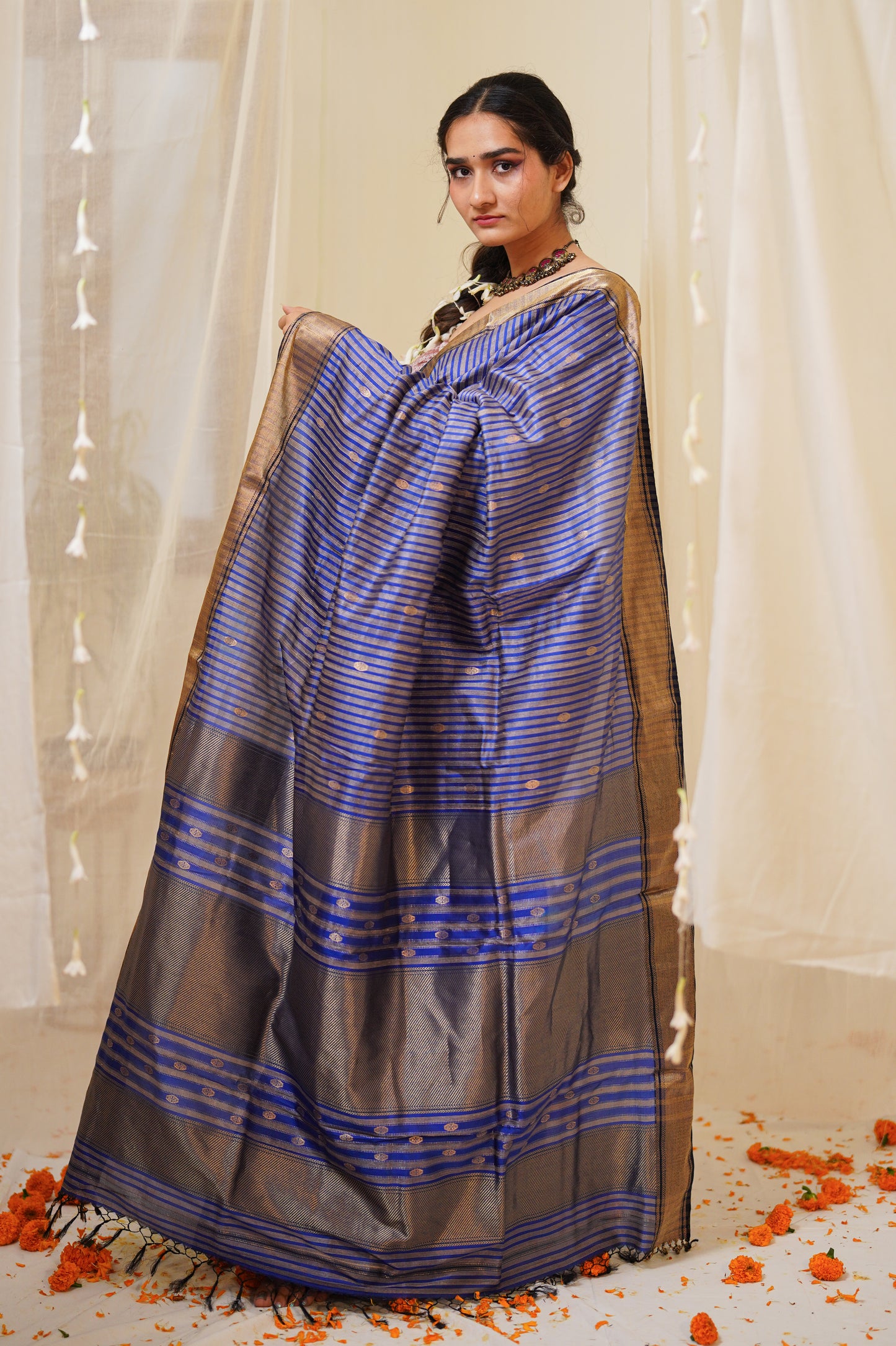 Striped Royal Blue and Gold Pure Silk Maheshwari Saree with Gold Border