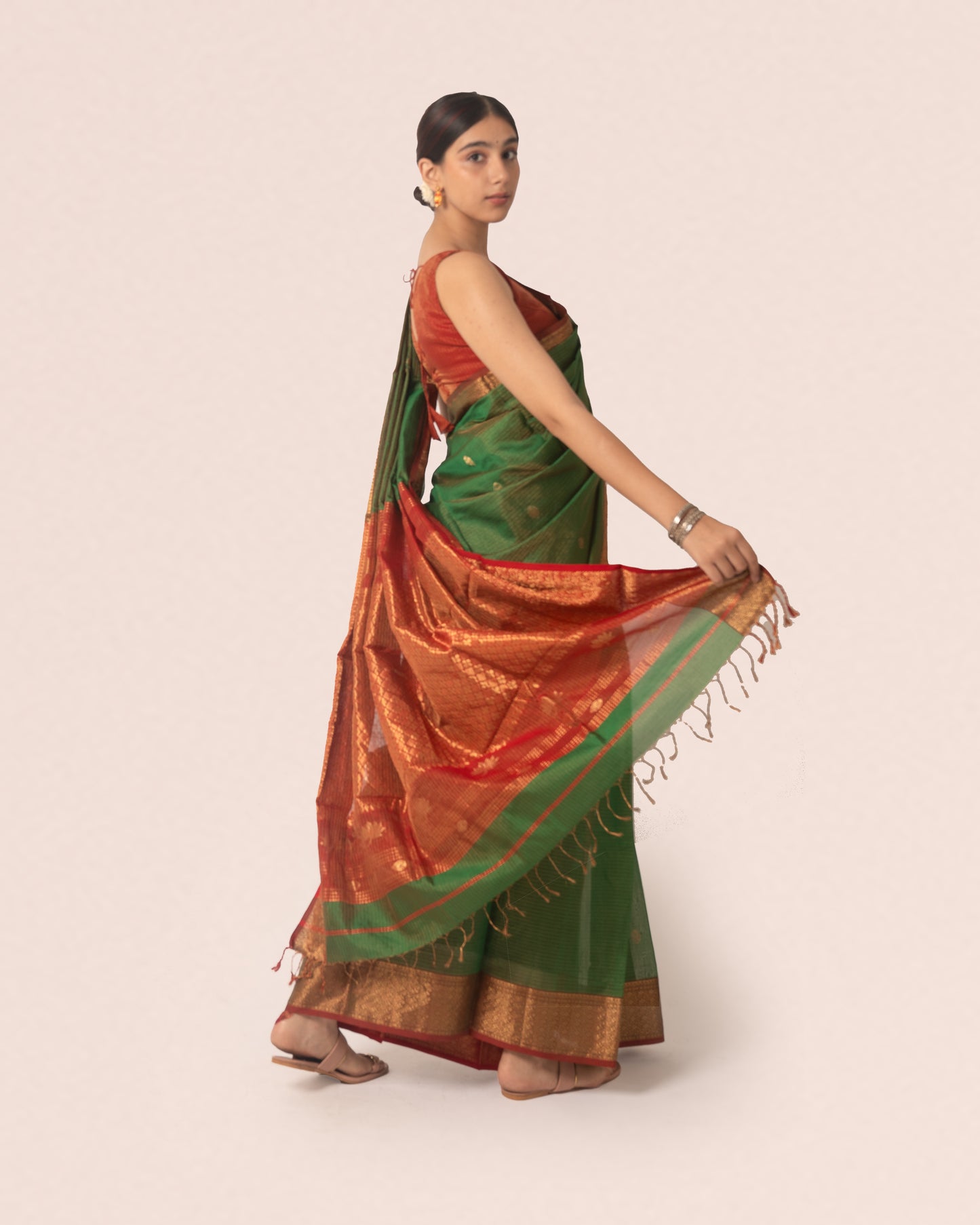 Light Green Pure Tissue Silk Maheshwari Saree With Multicolour Palla and Zari Border