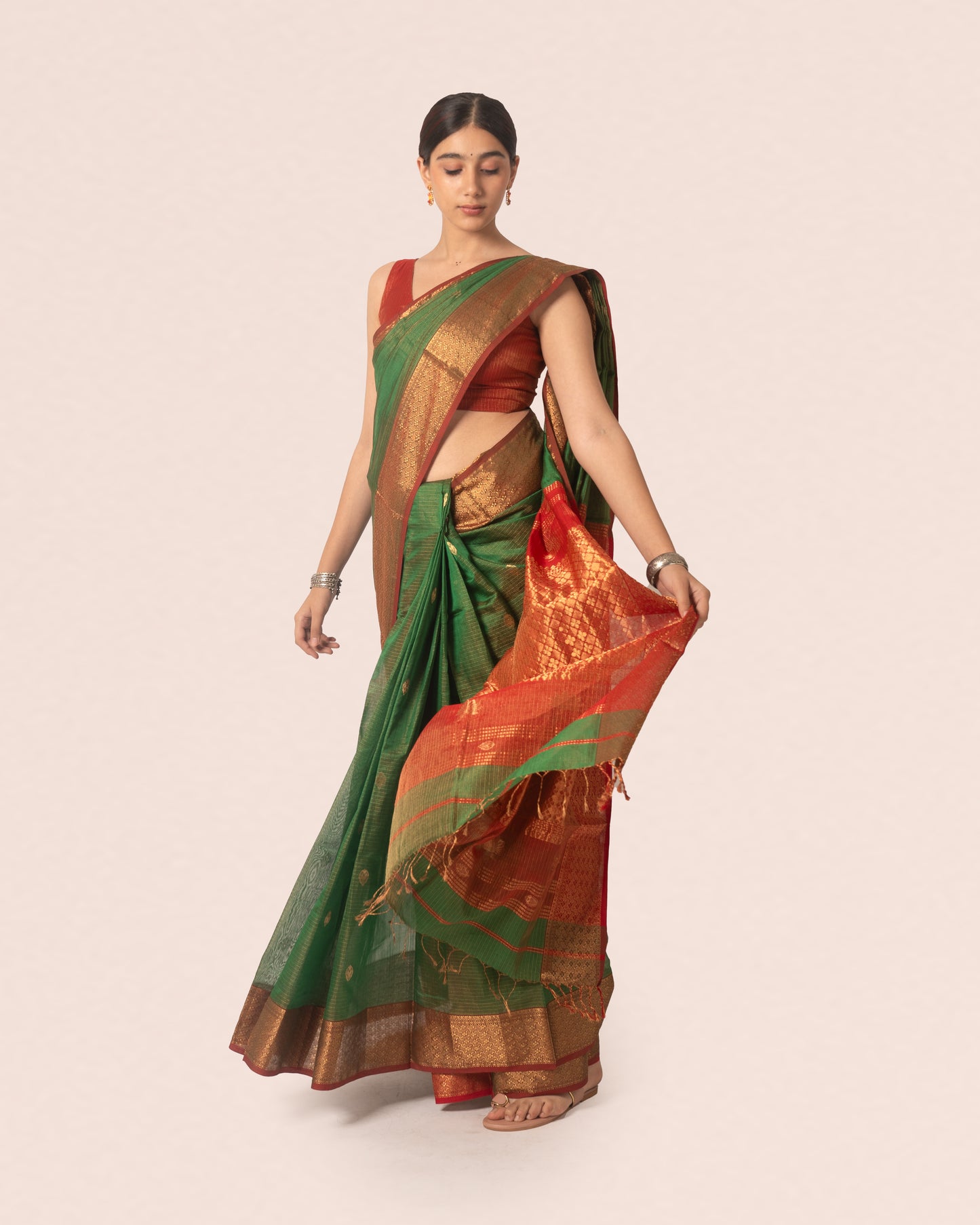 Light Green Pure Tissue Silk Maheshwari Saree With Multicolour Palla and Zari Border