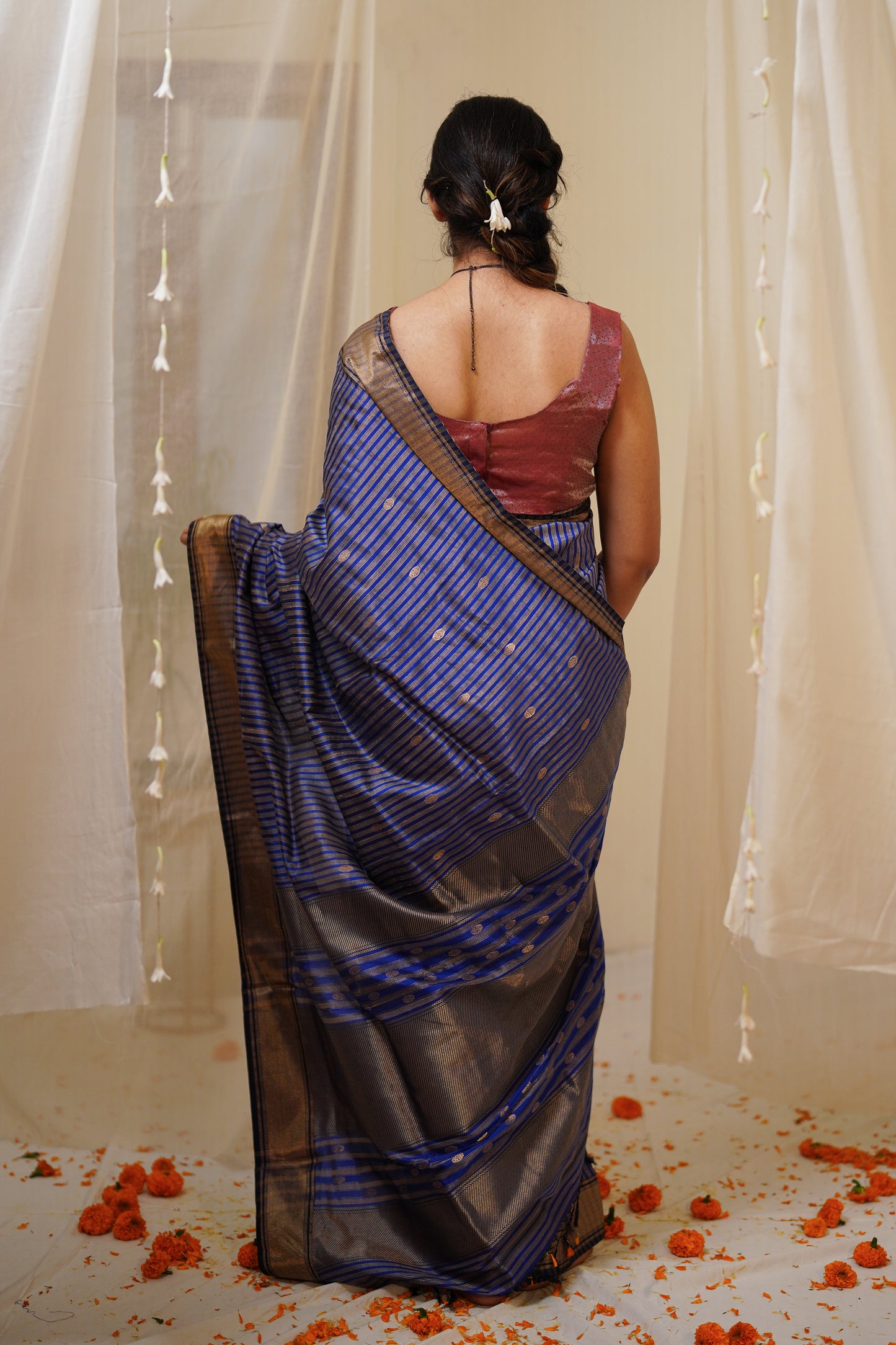 Striped Royal Blue and Gold Pure Silk Maheshwari Saree with Gold Border