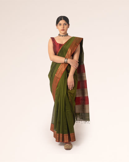 Olive Green Pure Silk Cotton Maheshwari Saree with Striped Palla and Red Border