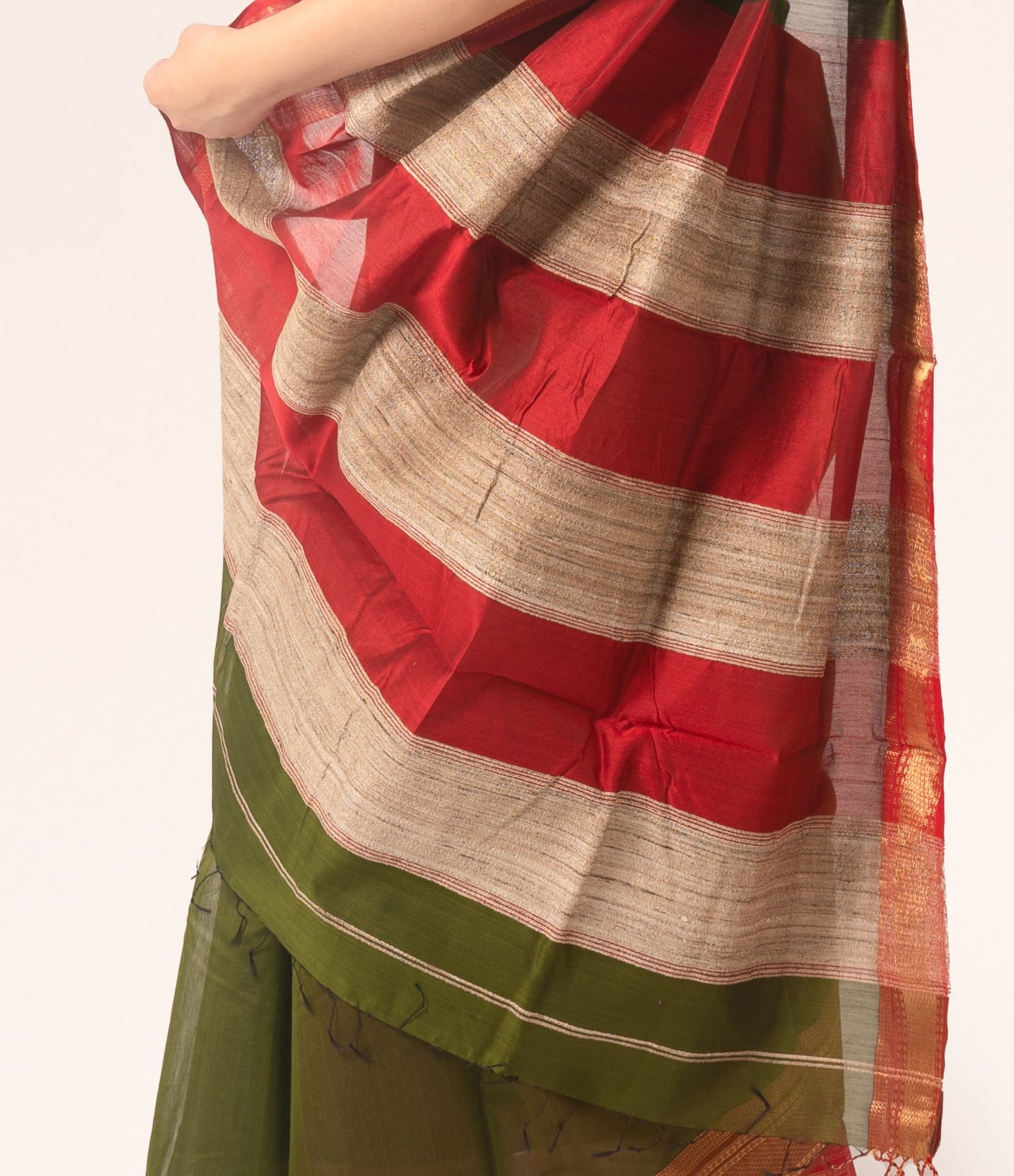 Olive Green Pure Silk Cotton Maheshwari Saree with Striped Palla and Red Border