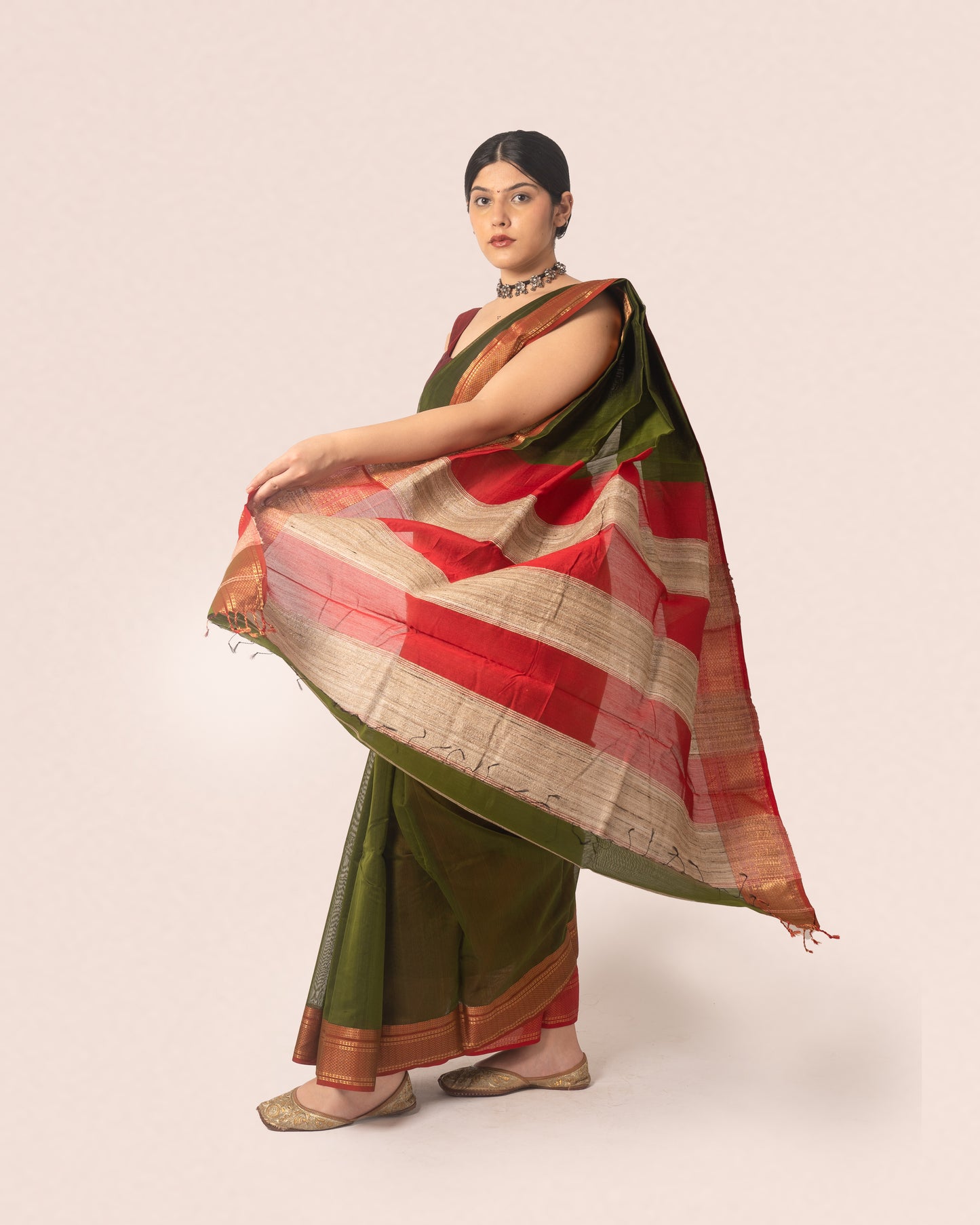 Olive Green Pure Silk Cotton Maheshwari Saree with Striped Palla and Red Border