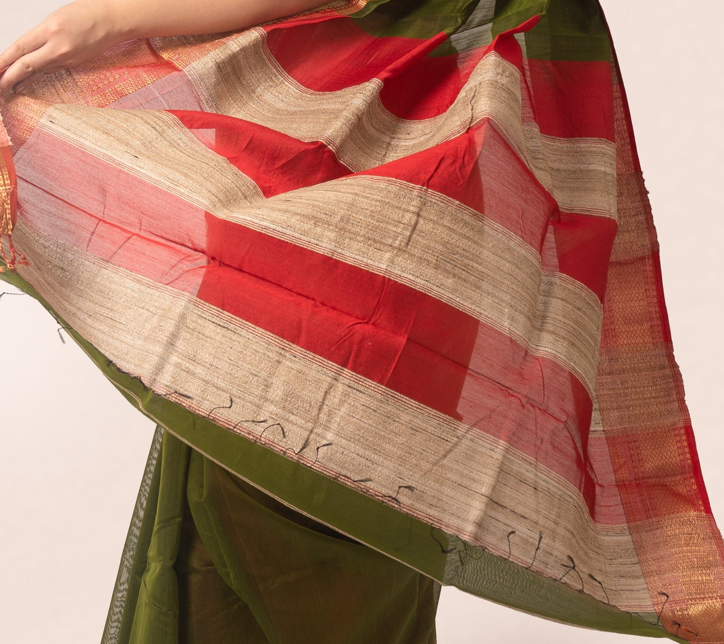 Green Pure Silk Cotton Maheshwari Saree with Striped Palla and Red and Gold Zari Border