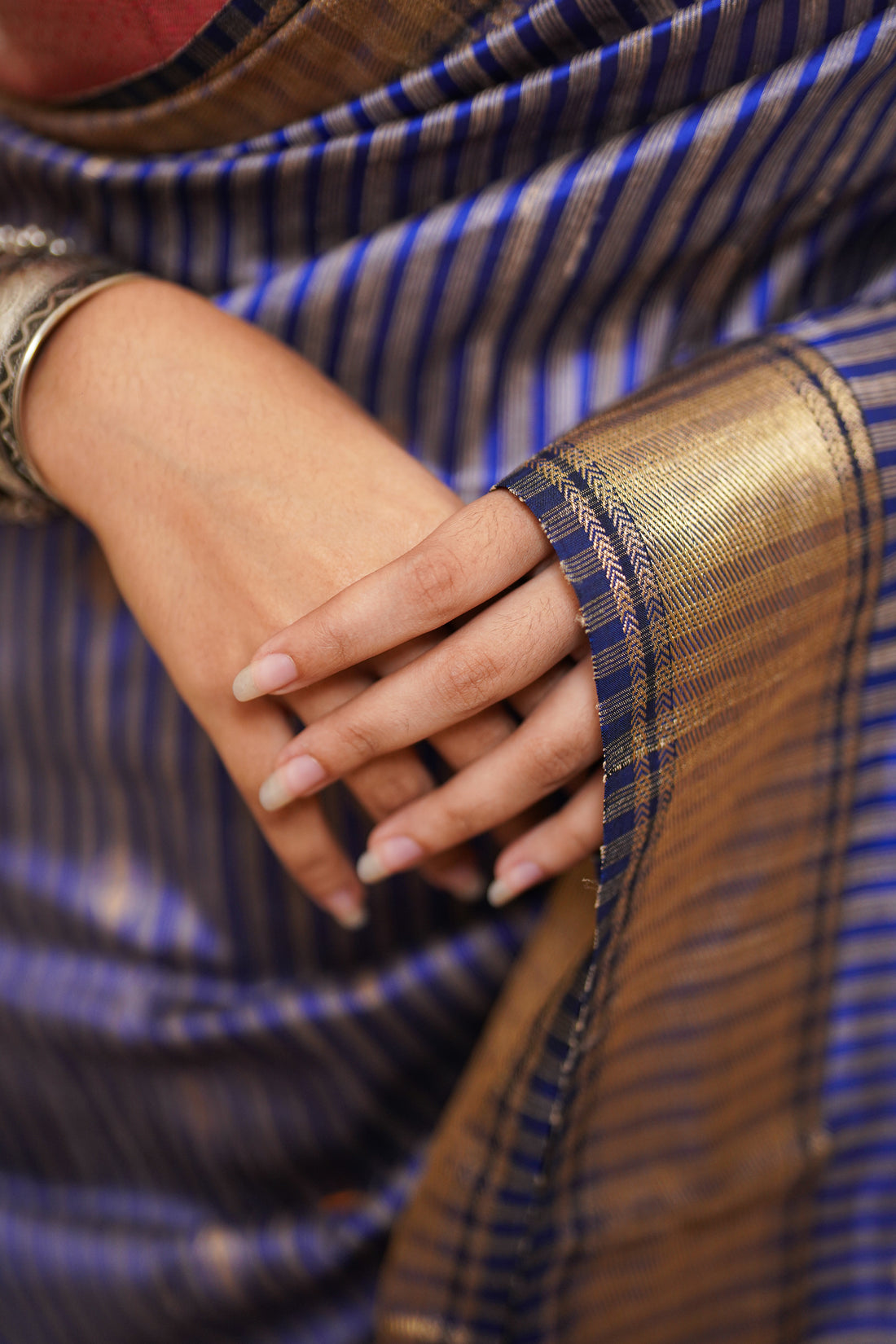 Striped Royal Blue and Gold Pure Silk Maheshwari Saree with Gold Border