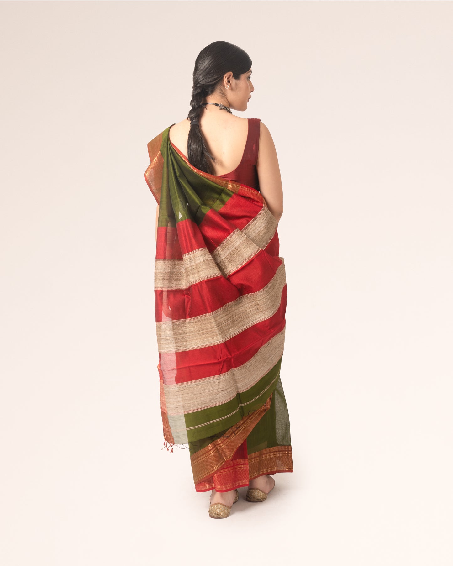 Olive Green Pure Silk Cotton Maheshwari Saree with Striped Palla and Red Border