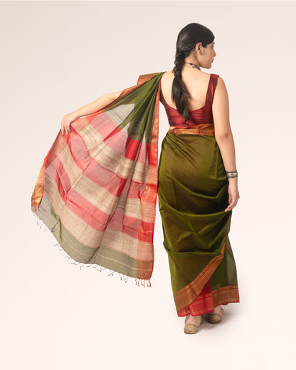 Olive Green Pure Silk Cotton Maheshwari Saree with Striped Palla and Red Border