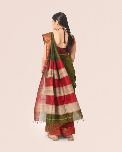 Olive Green Pure Silk Cotton Maheshwari Saree with Striped Palla and Red Border