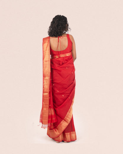 Red Pure Silk Cotton Maheshwari Booti Saree with Gold Border