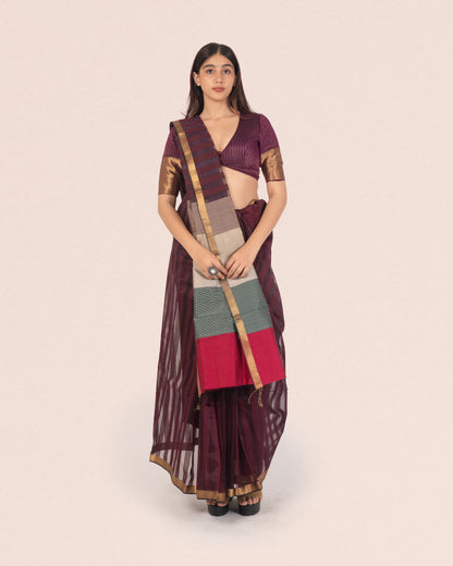 Wine Silk & Cotton Maheshwari Saree with Multicolour Palla