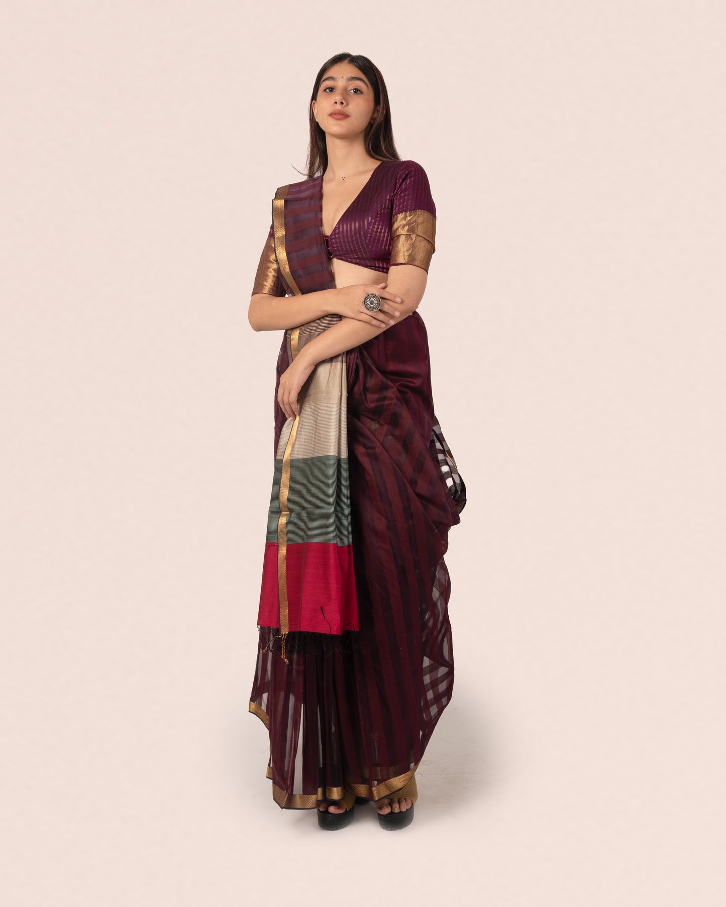 Wine Silk & Cotton Maheshwari Saree with Multicolour Palla