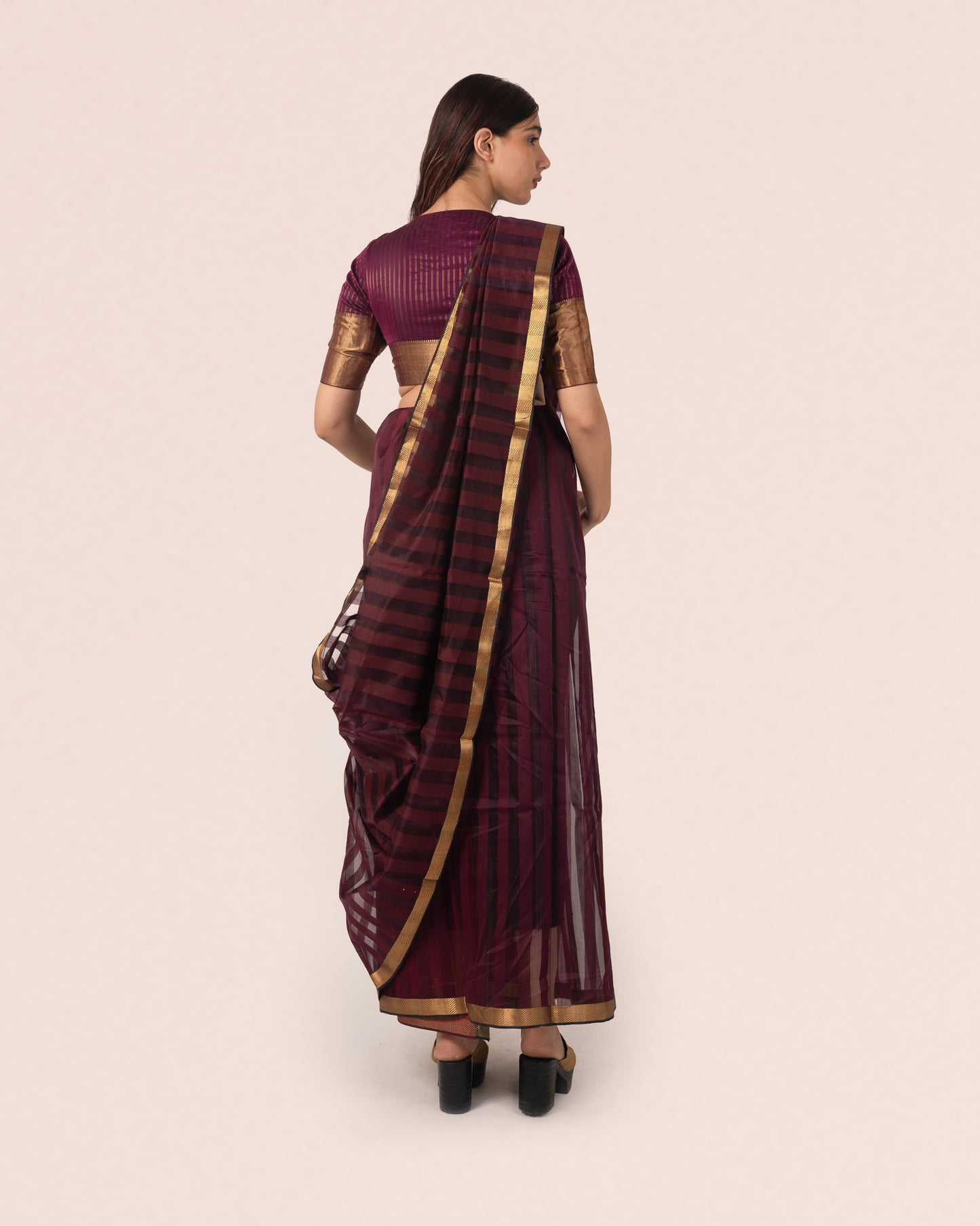 Wine Silk & Cotton Maheshwari Saree with Multicolour Palla