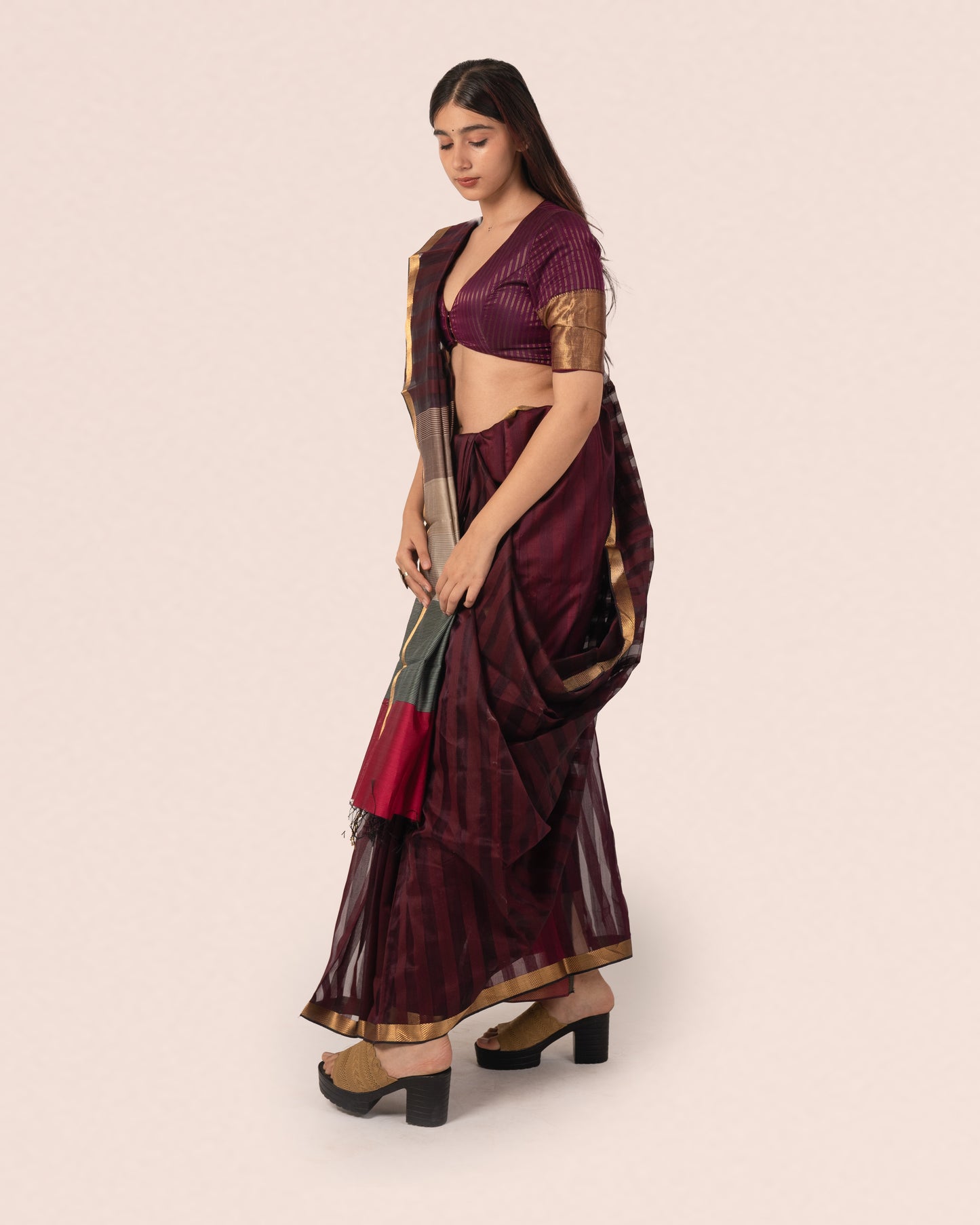 Wine Silk & Cotton Maheshwari Saree with Multicolour Palla