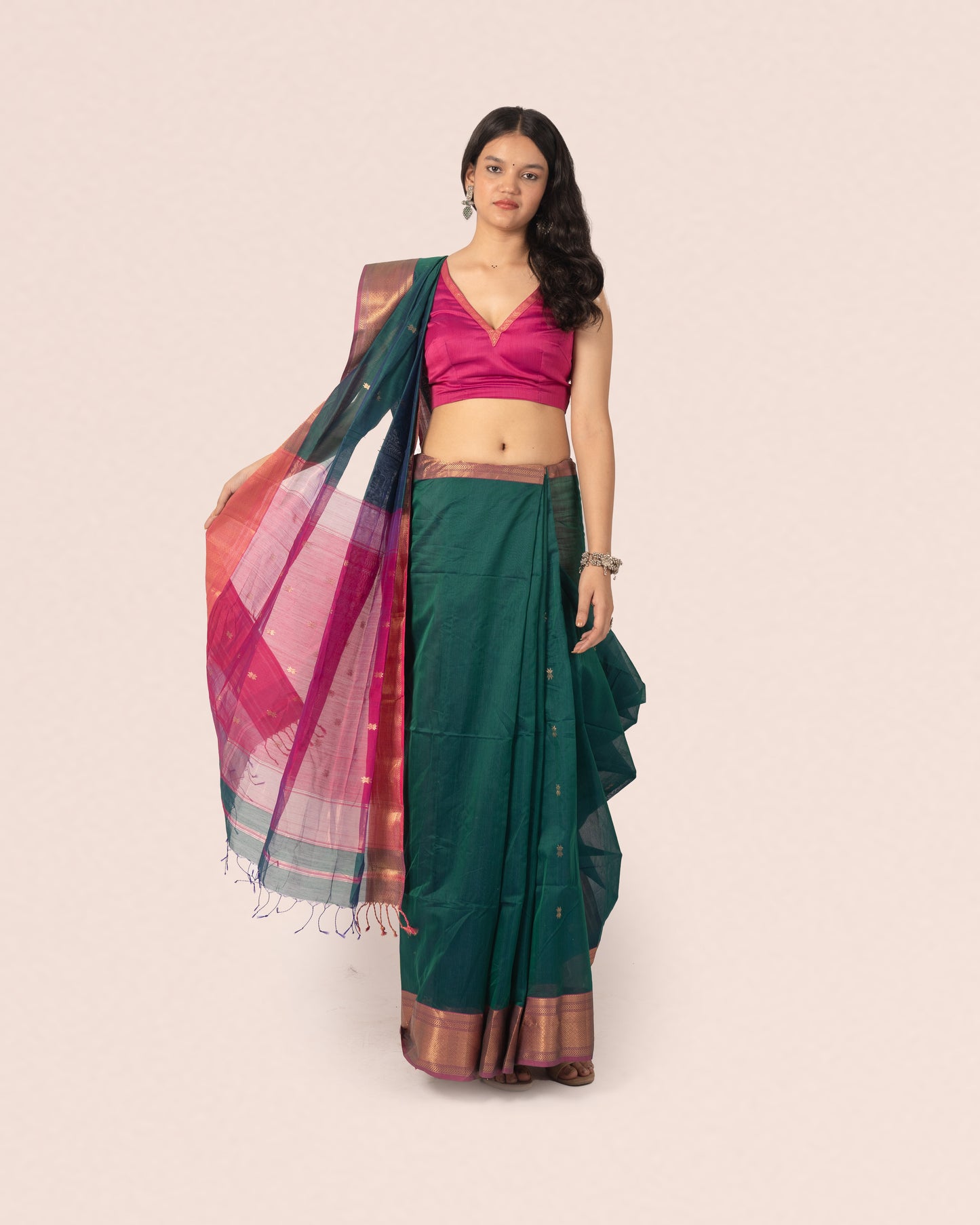 Emerald Green Pure Silk Cotton Maheshwari Booti Saree with Multicolour Palla