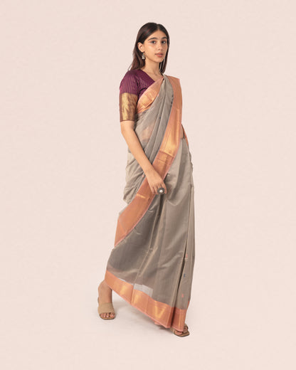 Grey Pure Silk & Cotton Maheshwar Saree with Striped Pallu and Light Peach Zari Border