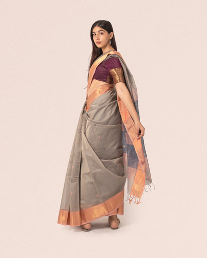 Grey Pure Silk & Cotton Maheshwar Saree with Striped Pallu and Light Peach Zari Border