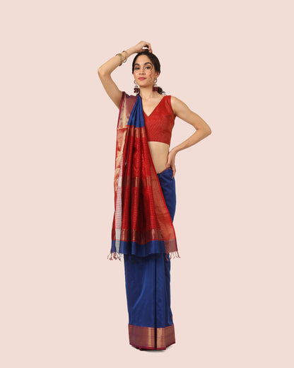 Navy Blue Maheshwari Handwoven with Red Jari Pallu