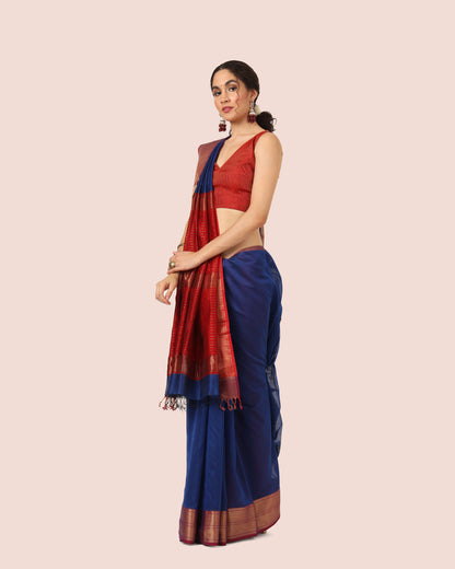 Navy Blue Maheshwari Handwoven with Red Jari Pallu