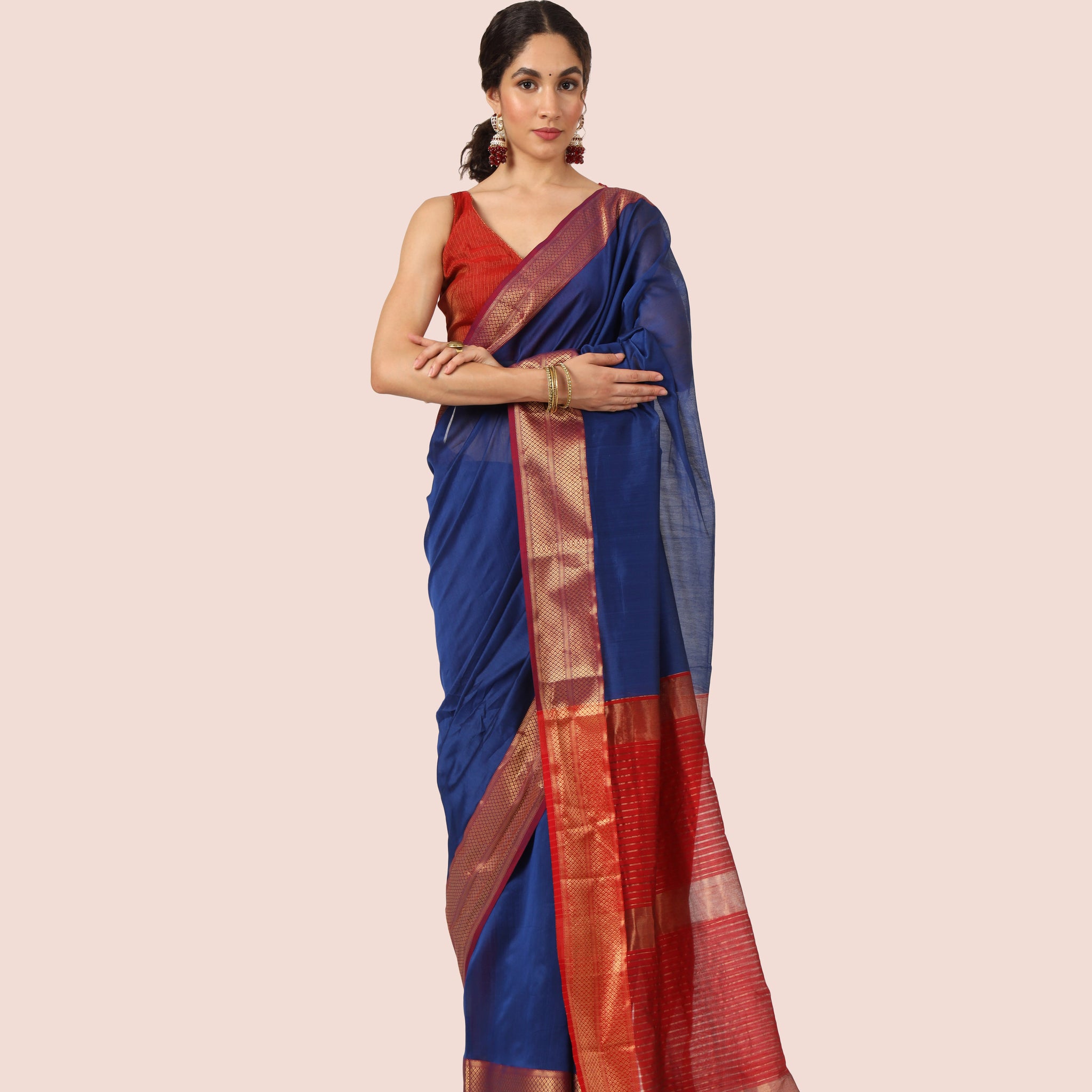 Navy Blue Maheshwari Handwoven with Red Jari Pallu