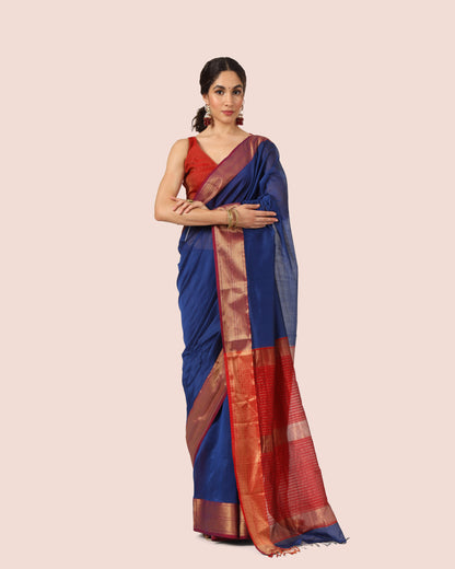 Navy Blue Maheshwari Handwoven with Red Jari Pallu