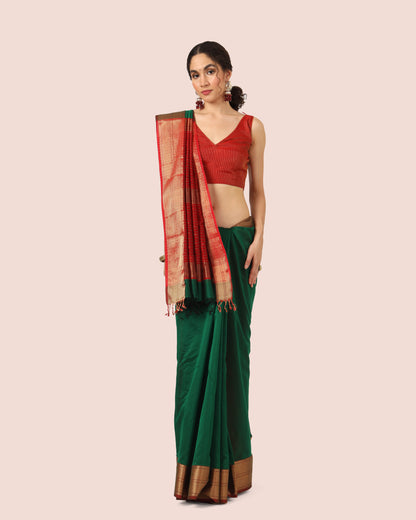 Dark Forest Green Maheshwari Handwoven with Red Jari Pallu saree