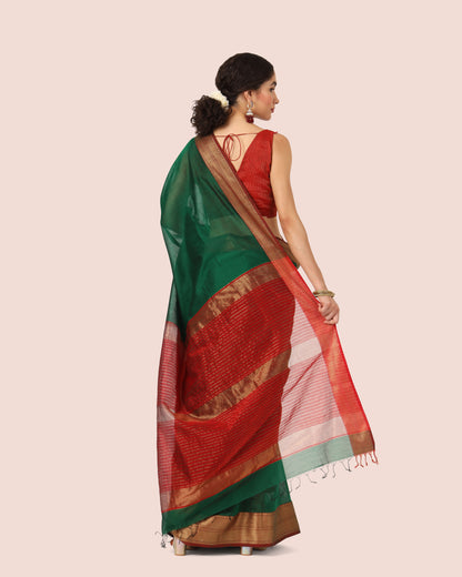 Dark Forest Green Maheshwari Handwoven with Red Jari Pallu saree